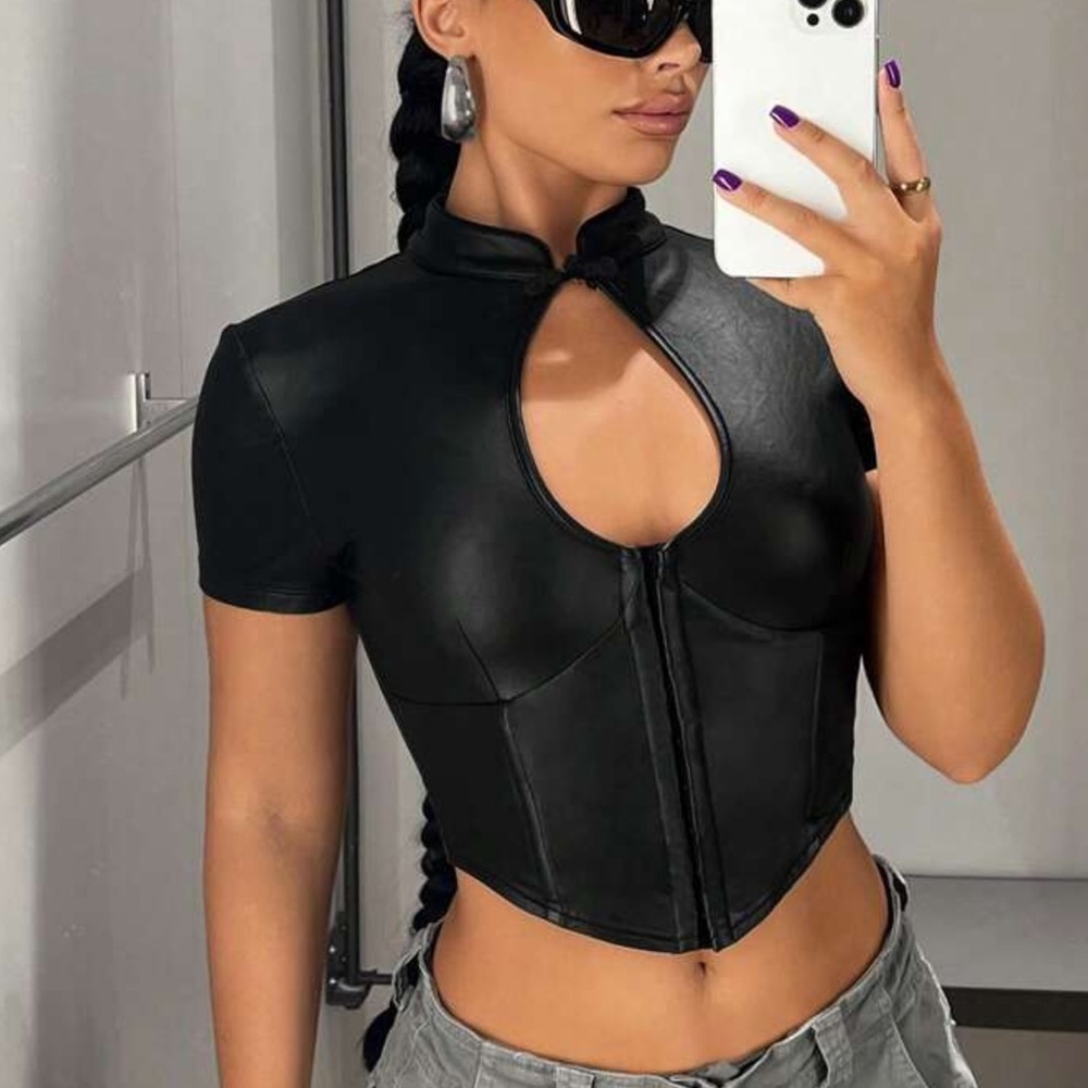 Hook & Eye Cutout PU Leather Crop Top